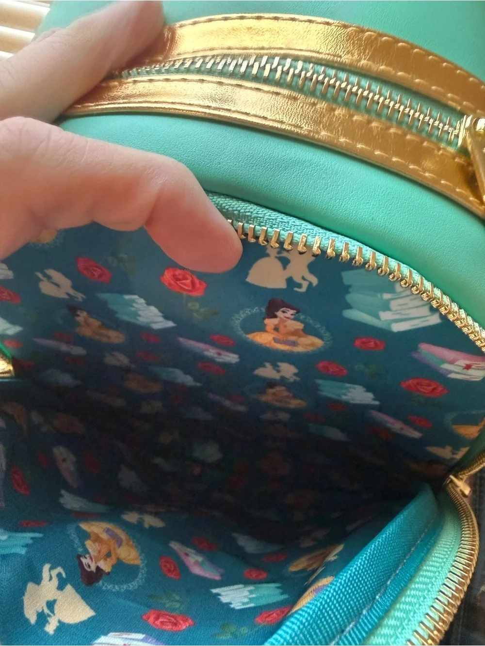Loungefly Belle Teal and Yellow Mini Backpack and matching wallet.  NWT.